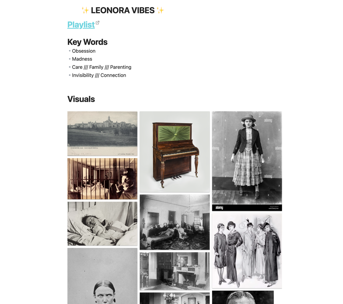 A screenshot of a page that says "LEONORA VIBES" at the top and has some key words like "obsession" and "madness" and then a grid of images below including mostly black and white pictures of asylums, the inside of houses, and ladies fashion from the early 1900's