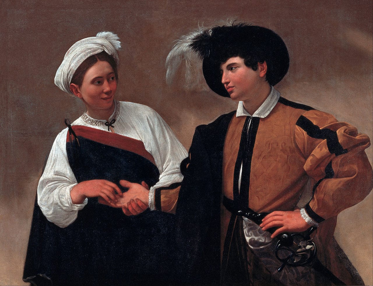 A painting of two people -- on the right a man in a feathered hat, and on the left a young woman.