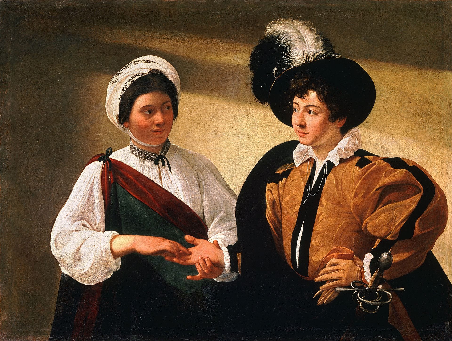 A painting of two people -- on the right a man in a feathered hat, and on the left a young woman. The woman is holding the man's hand, palm up, and running her fingers along it. She has a mischievous look on her face.