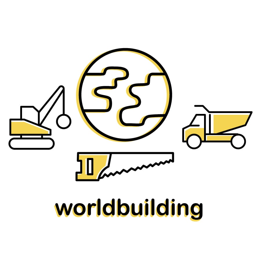 A podcast logo made of little icons of a crane, a saw, a truck and a globe with the word "worldbuilding" below it