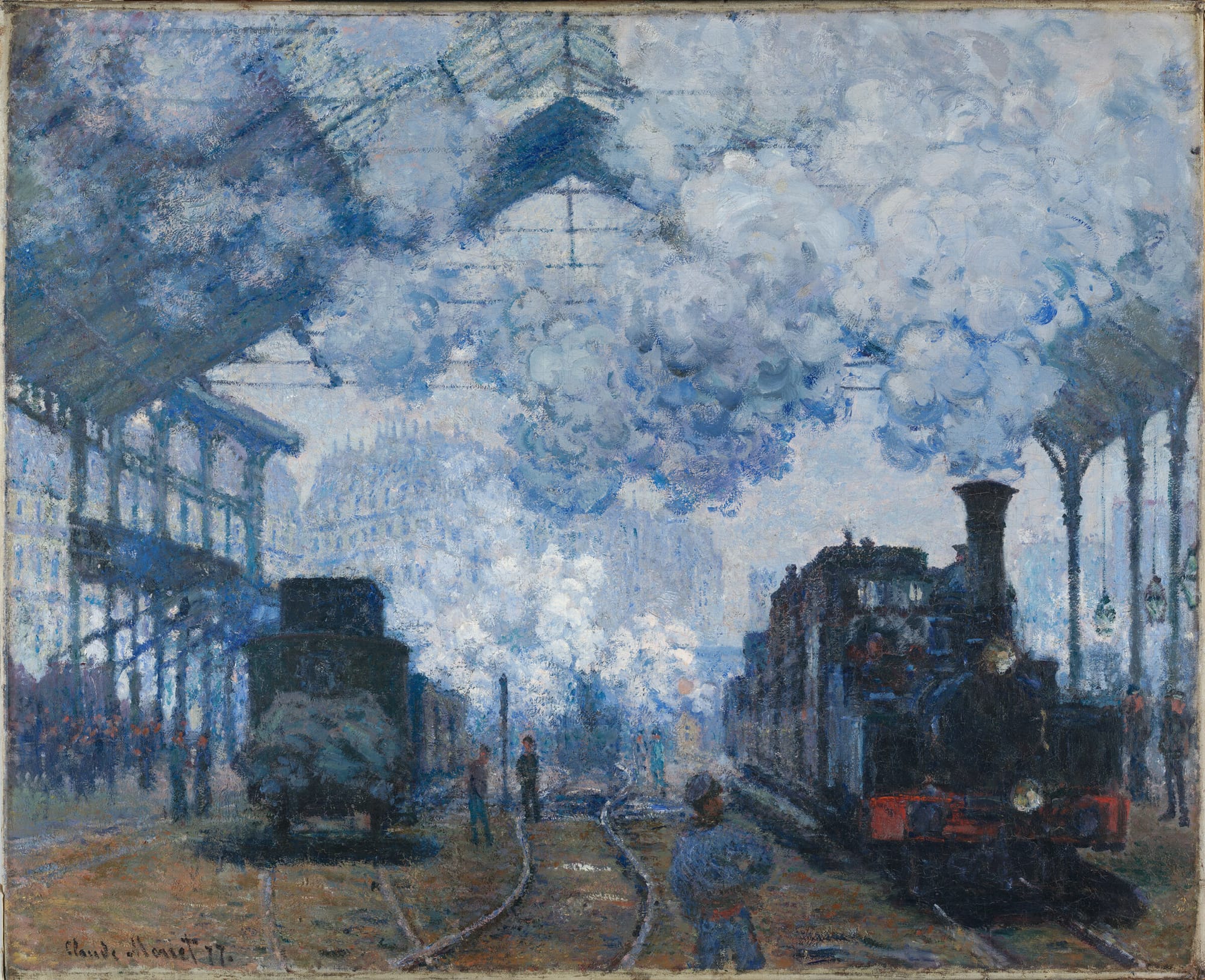 An impressionist painting of two trains, their smoke billowing up into the train station.