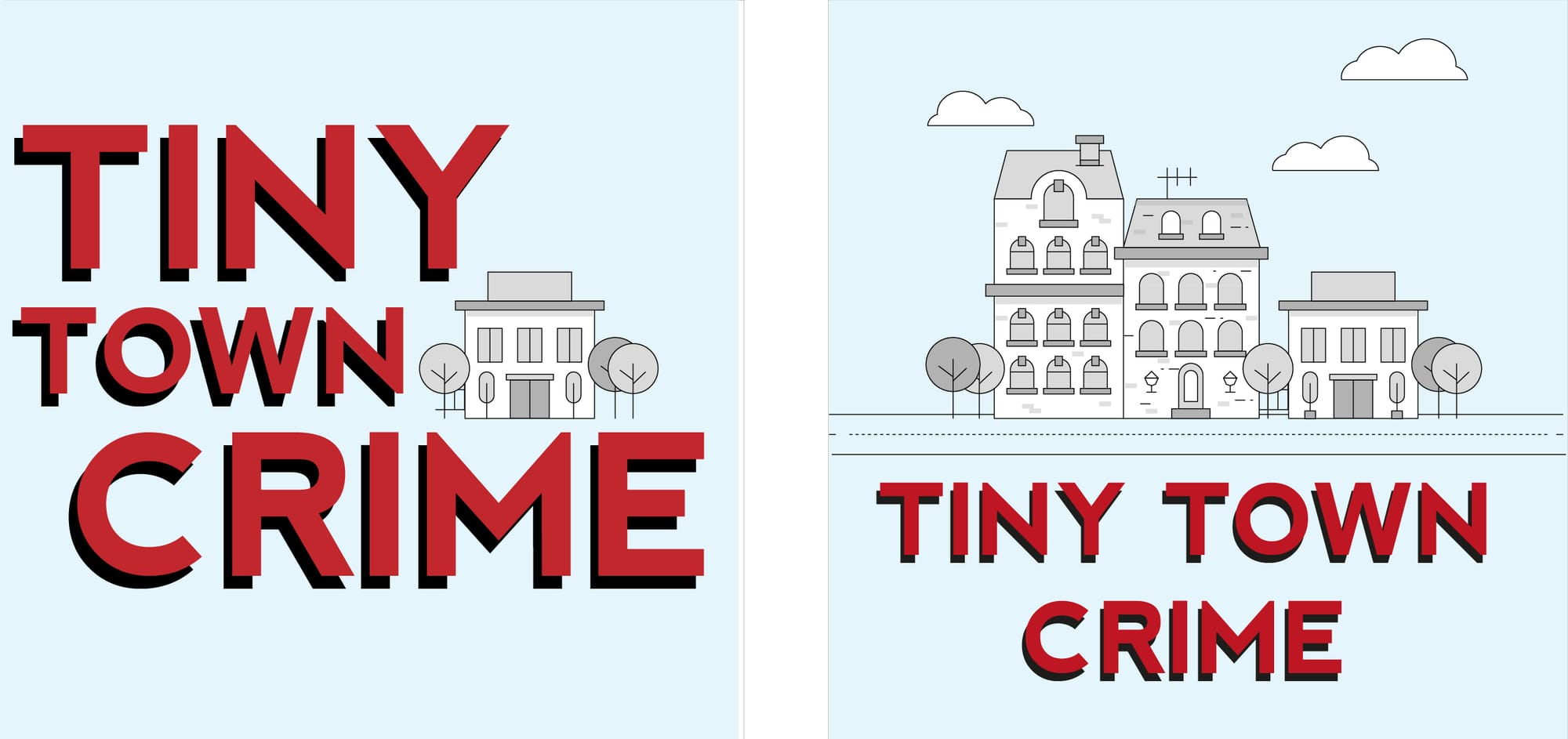 Two podcast logos that say "Tiny Town Crime" and have line drawings of small buildings