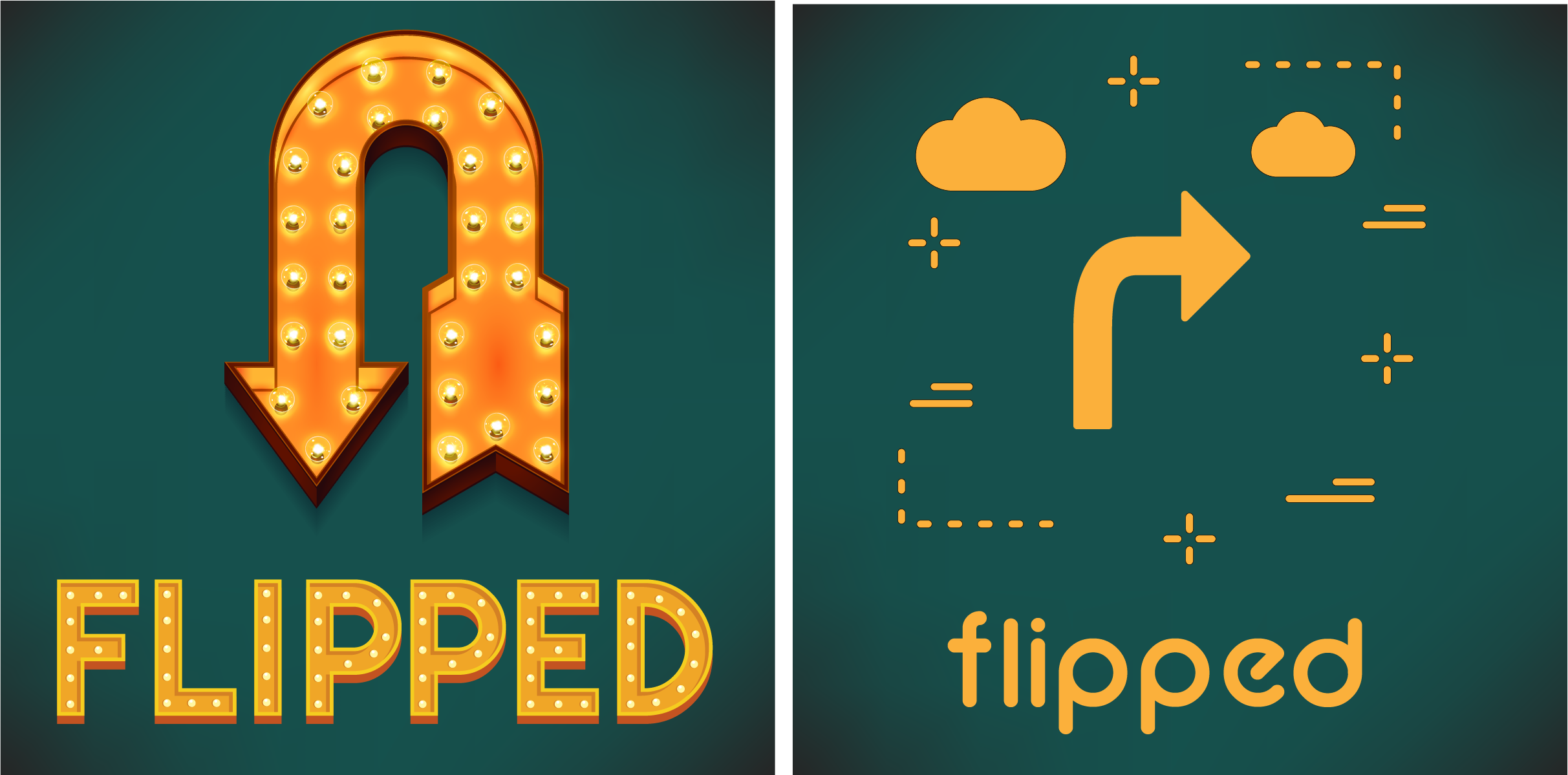 two podcast logos with a dark green background and yellow/orange lettering saying "Flipped" -- on the left, a neon sign that shows a turned around arrow, on the right just regular arrow graphics