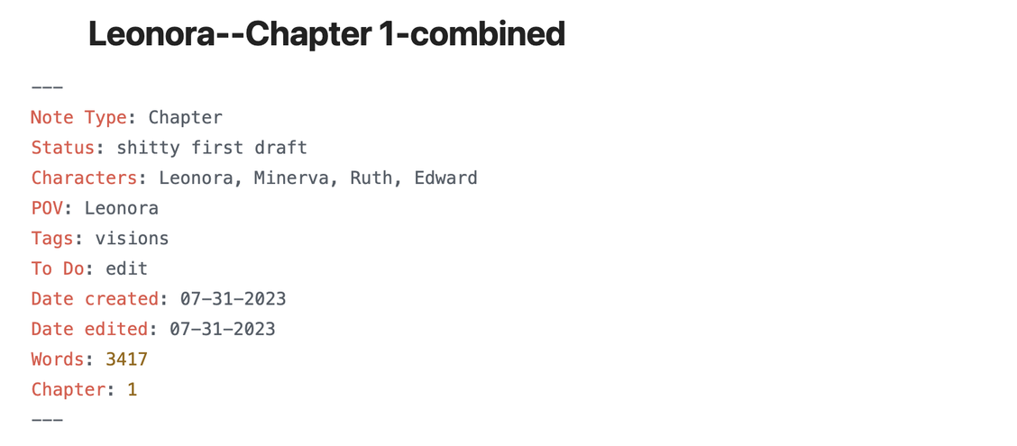 A screenshot of a page that is titled "Leonora-Chapter1-combined" which has metadata fields like Status, Characters, POV, Tags, To Do, Date Created, Date edited, Words, and Chapter