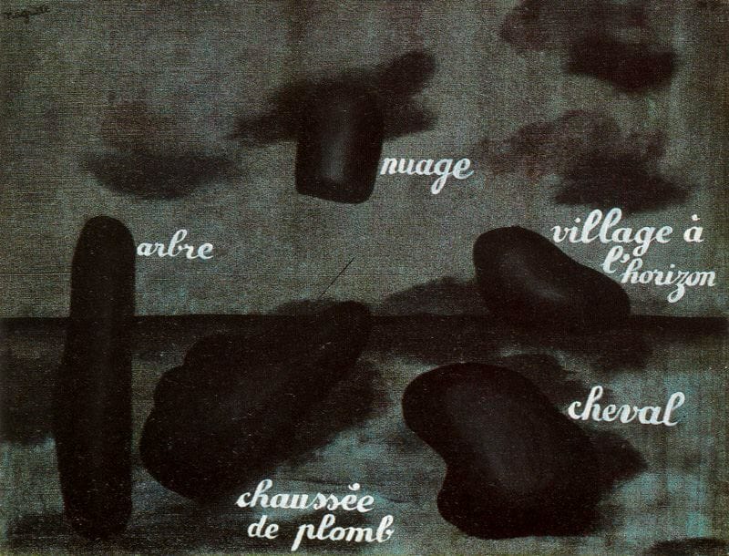 A dark, abstract set of shapes each labeled with white script in French with words like "tree" and "horse.