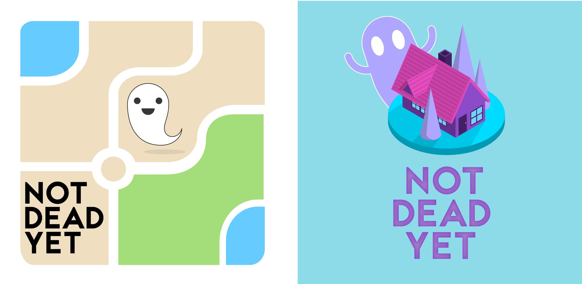 two fake podcast logos for "not dead yet" -- on the left, a ghost is shown over a google map like pattern, and on the right a ghost is haunting a small purple house