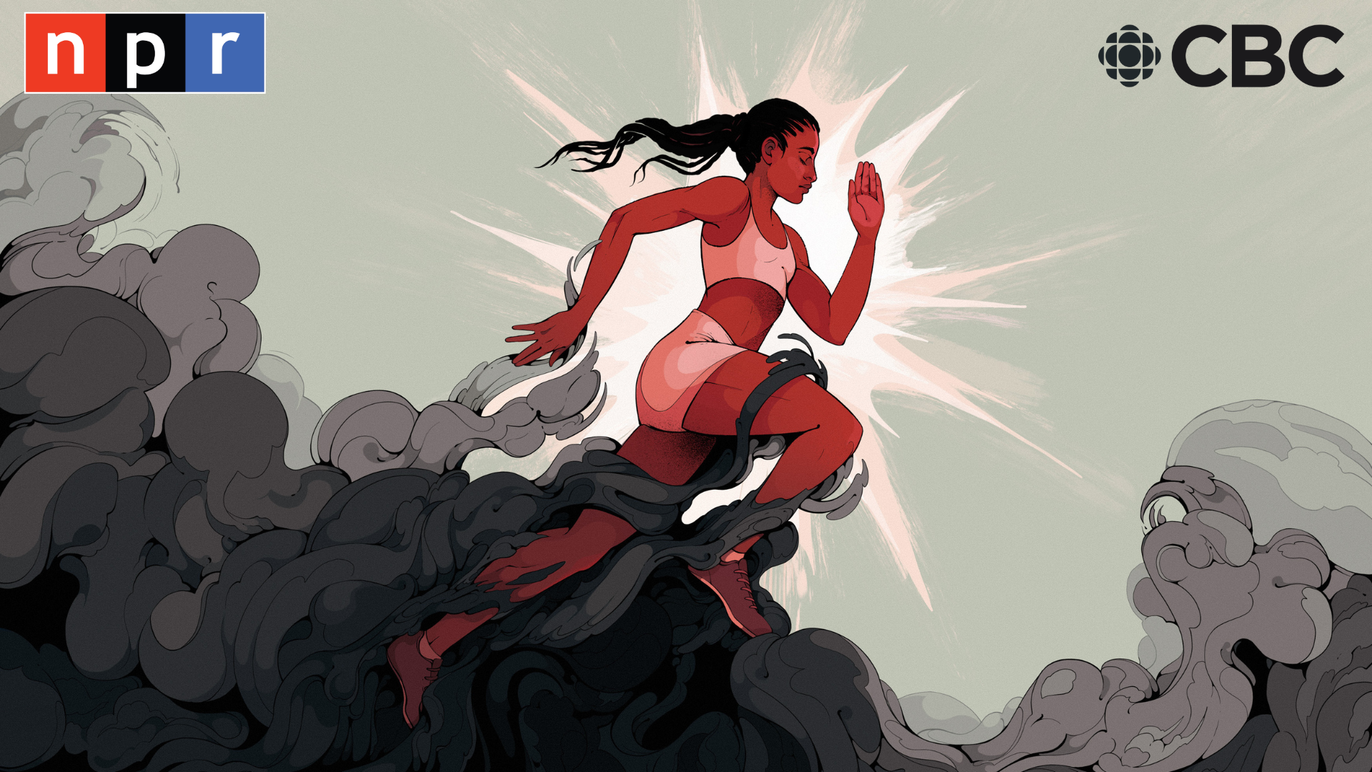 an illustration of a woman running, her legs being encircled by grey and black smoke