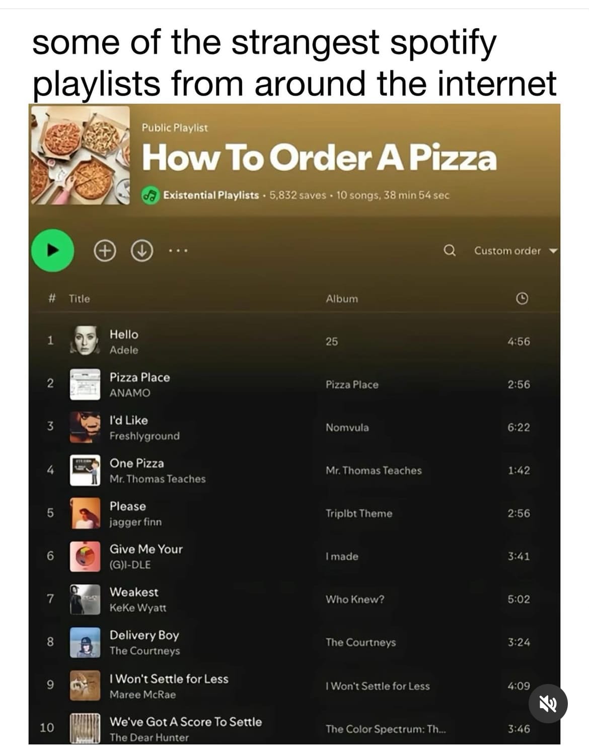 a Spotify playlist titled "How to Order a Pizza" that has the tracks: Hello, Pizza Place, I'd Like, One Pizza, Please, Give Me Your, Weakest, Delivery Boy, I Won't Settle for Less, We've Got A Score To Settle