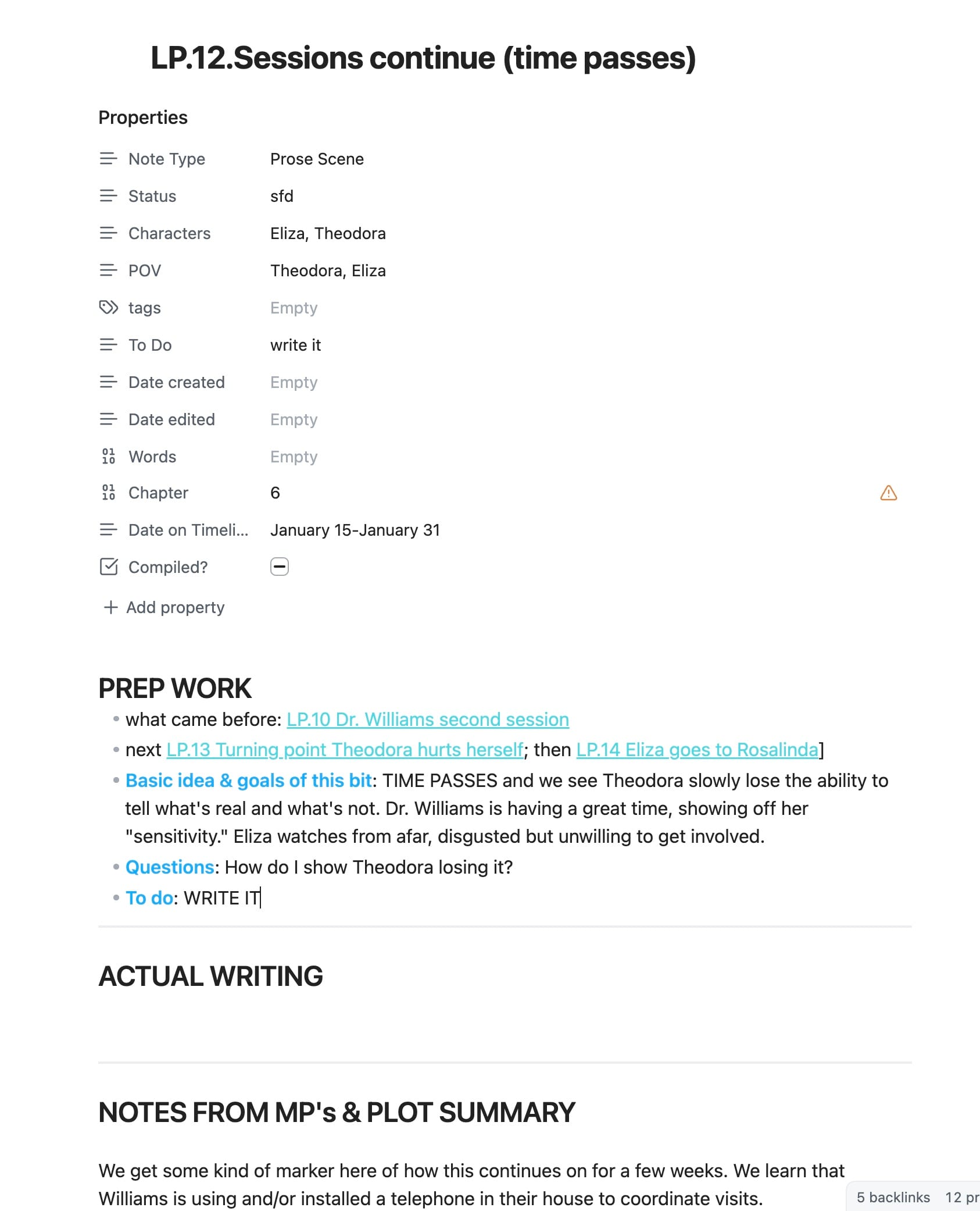 A screenshot of a document that has a bunch of metadata like note type, status, POV, chapter, word count, date on timeline - and then also has sections for "prep work" "actual writing" and "notes from MP's & Plot Summary"