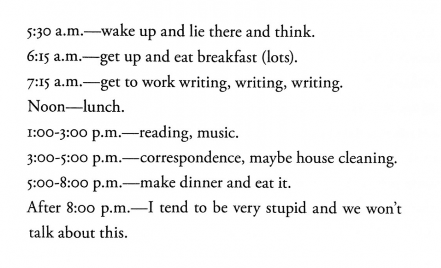 a schedule that says: 5:30 a.m. - wake up and lie there and think. 6:15 a.m. - get up and eat breakfast (lots). 7.15 a.m. - get to work writing, writing, writing. Noon - lunch. 1:00-3:00 p.m. - reading, music. 3:00-5:00 p.m. correspondence, maybe house cleaning. 5:00-8:00 p.m. make dinner and eat it. After 8:00 p.m. - I tend to be very stupid and we won't talk about this.