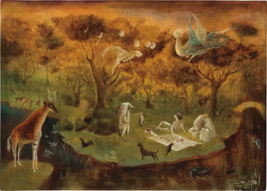 a surrealist painting that is mostly in shades of orange and brown -- there are all kinds of fantastical animals around and a ghostly figure having a picnic along a river