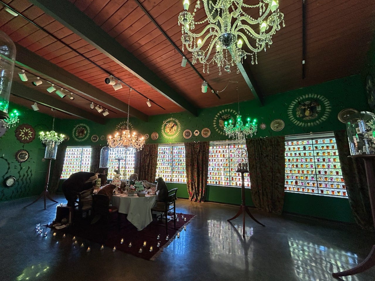 A photograph of a room with five windows, with jars full of bugs lined up in each window. There are also bugs on the walls.