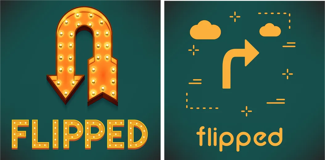 a podcast logo with a dark green background and yellow/orange lettering saying "Flipped"