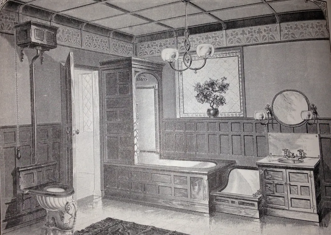 an old timey drawing of a bathroom from the early 1900's with a tub, a toilet, a bidet, and a sink