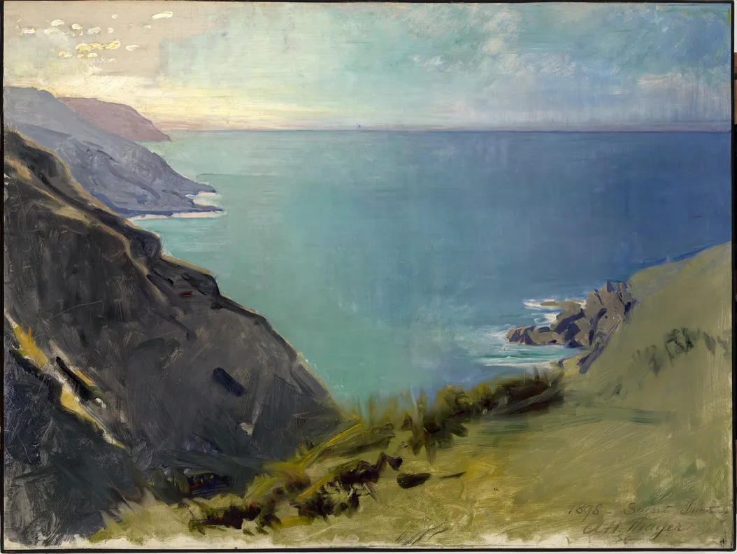 an oil painting of the Cornish Headalnds — the paint is gestural and loose, the ocean fades from a darker blue to a lighter as it hugs the coast
