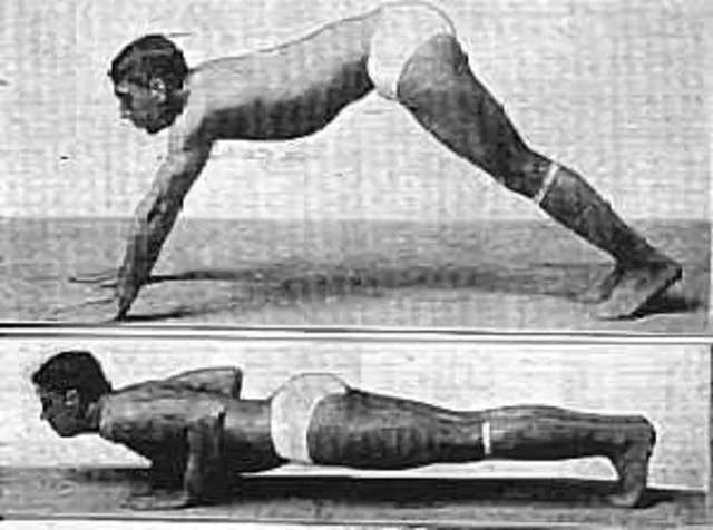 two grainy black and white photographs -- on the bottom a man at the bottom of a pushup, at the top the man's arms are straightened and his butt is piked up in the air