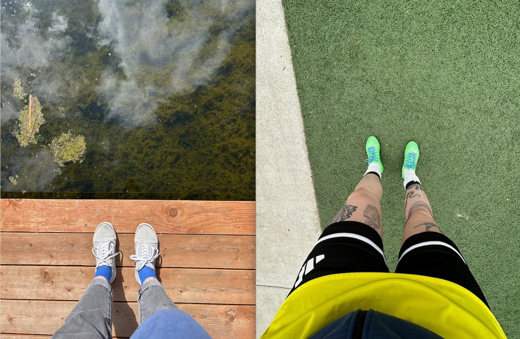 Two images. On the left, looking down at legs wearing grey jeans and light blue vans, on a dock. On the right, wearing soccer cleats.